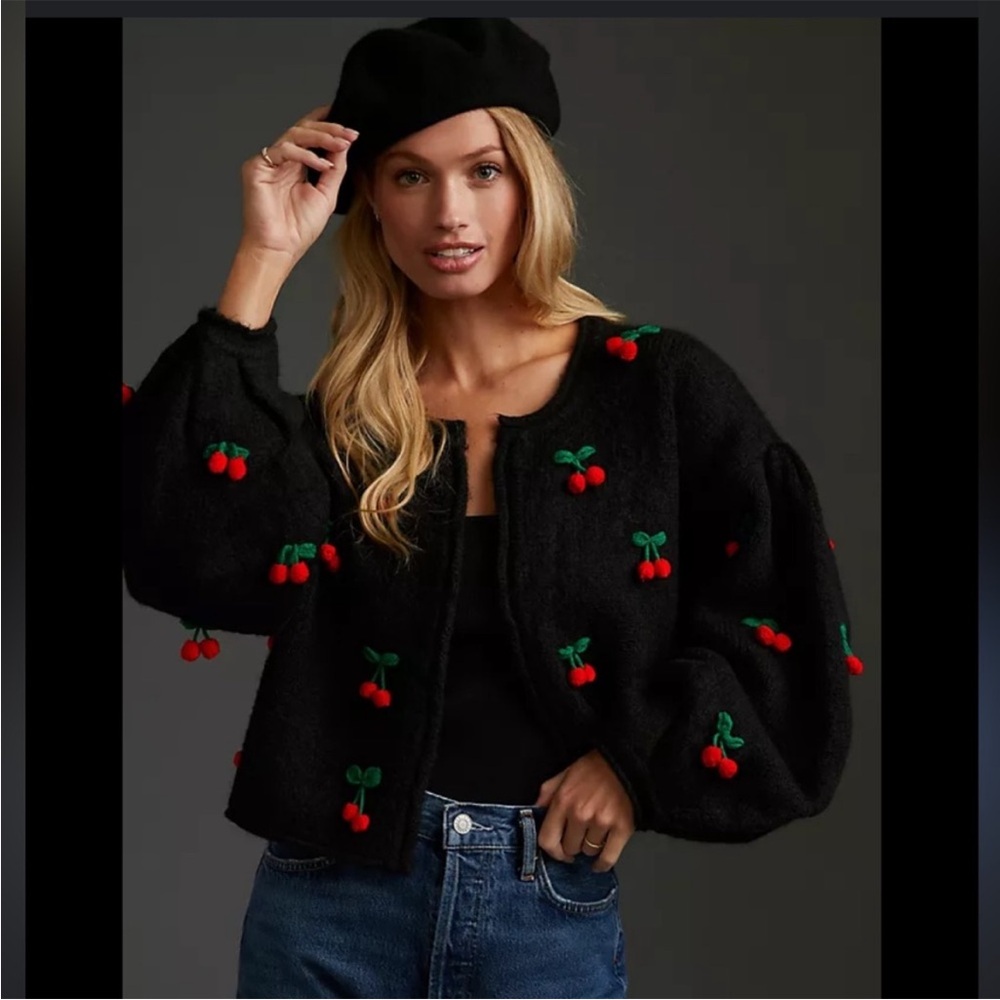 FARM Rio Black Cropped Knit Cardigan with Red Cherry Appliqués